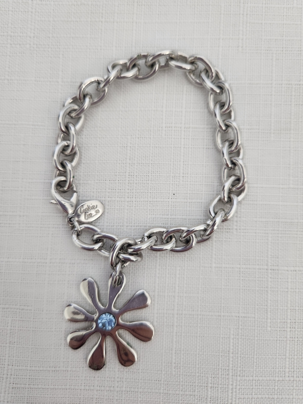 Silver Flower Charm Bracelet with Blue Crystal